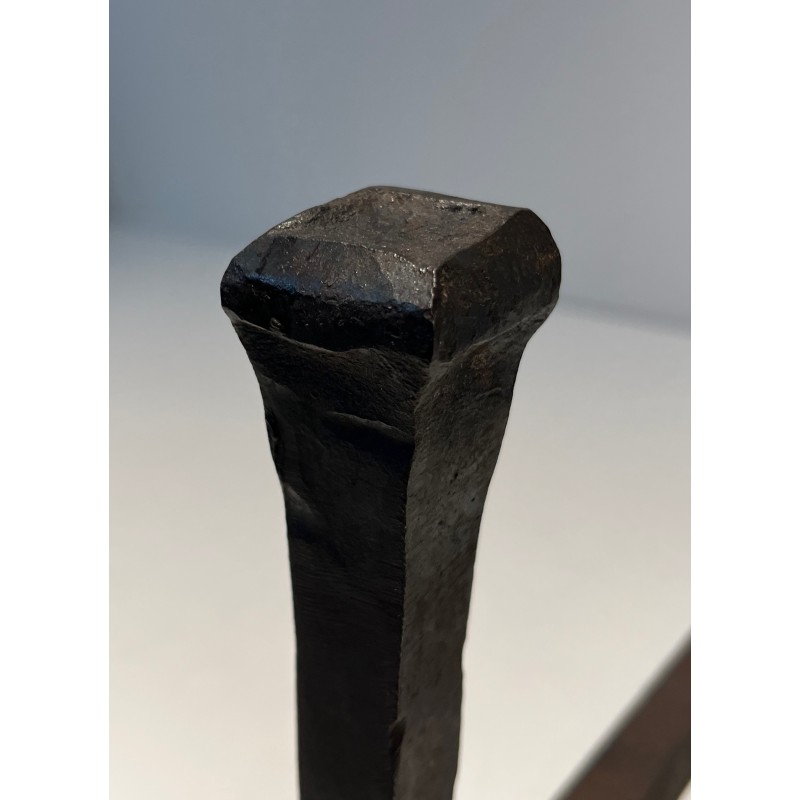 Paire de Chenets en Fonte et Fer Forgé, Travail Français, vers 1970