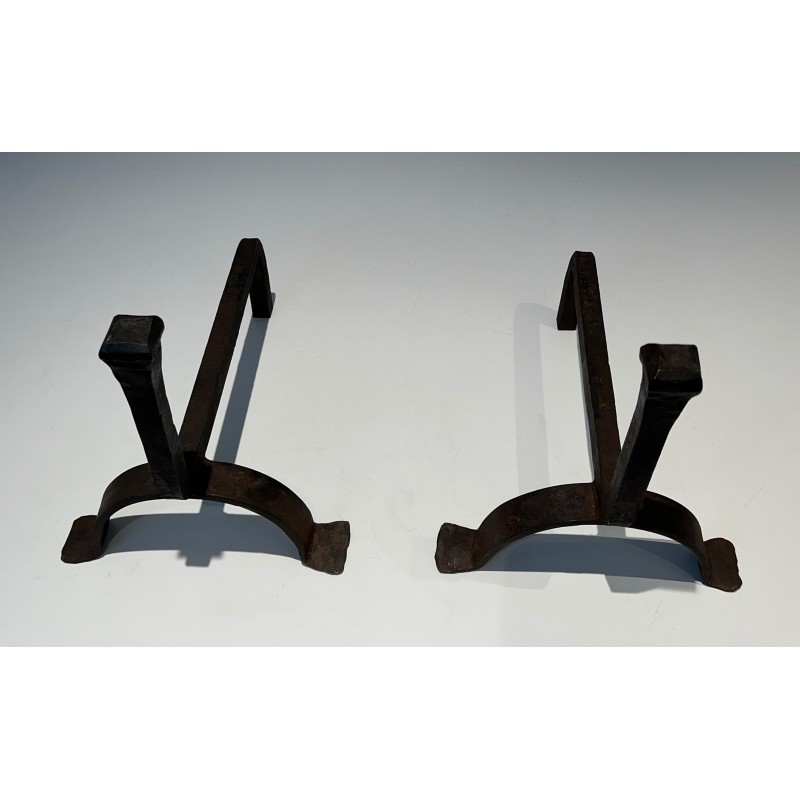 Pair of Cast Iron and Wrought Iron Andirons, French Work, circa 1970