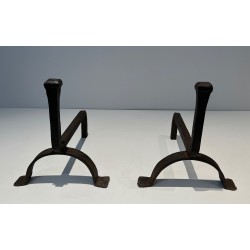 Pair of Cast Iron and Wrought Iron Andirons, French Work, circa 1970