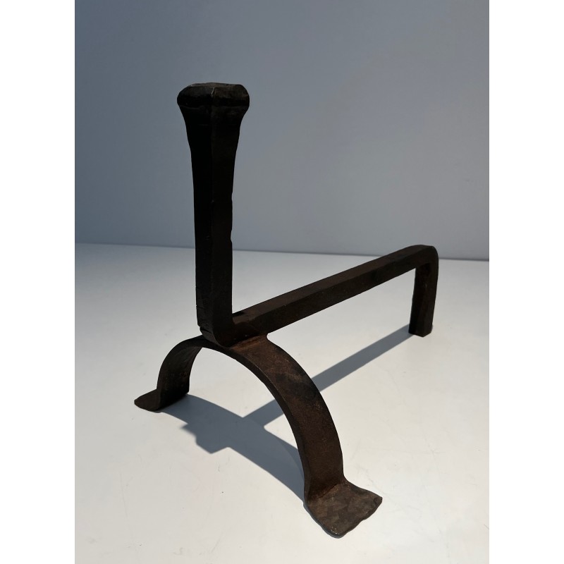 Pair of Cast Iron and Wrought Iron Andirons, French Work, circa 1970