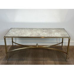 Table Basse Néoclassique en Laiton et Miroir Églomisé, Maison Jansen, Travail Français, vers 1940