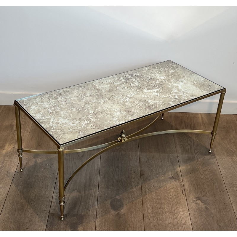 Neoclassical Brass Coffee Table with Églomisé Mirror Top by Maison Jansen, French Work, circa 1940