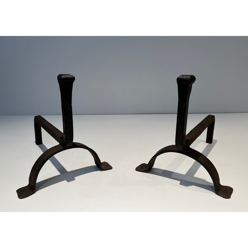 Pair of Cast Iron and Wrought Iron Andirons, French Work, circa 1970