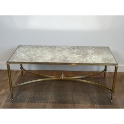 Table Basse Néoclassique en Laiton et Miroir Églomisé, Maison Jansen, Travail Français, vers 1940