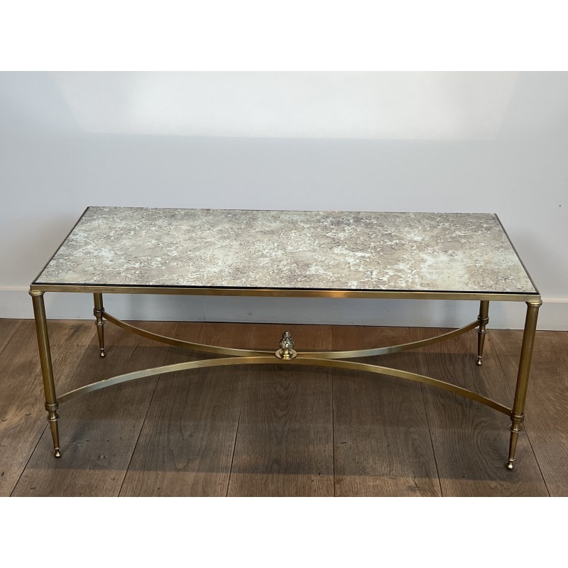 Table Basse Néoclassique en Laiton et Miroir Églomisé, Maison Jansen, Travail Français, vers 1940