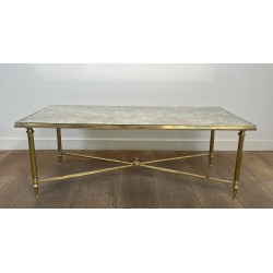Large Neoclassical Brass Coffee Table with Églomisé Mirror Top by Maison Jansen, French Work, circa 1940