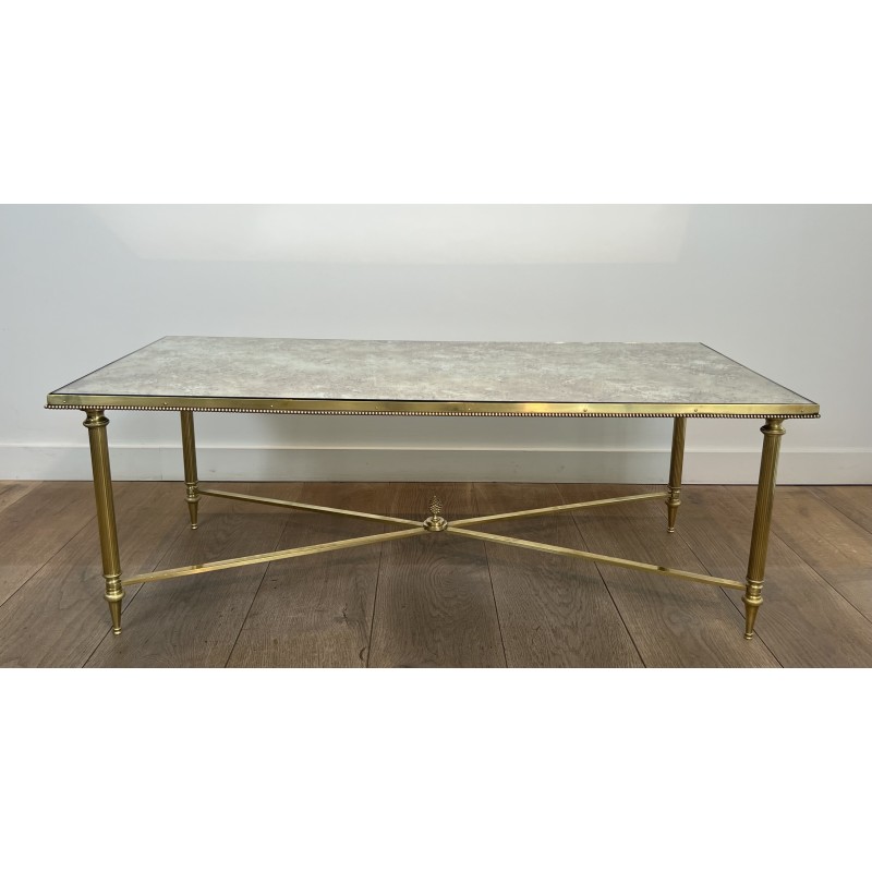 Importante Table Basse Néoclassique en Laiton et Miroir Églomisé, Maison Jansen, Travail Français, vers 1940
