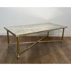 Importante Table Basse Néoclassique en Laiton et Miroir Églomisé, Maison Jansen, Travail Français, vers 1940