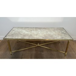 Large Neoclassical Brass Coffee Table with Églomisé Mirror Top by Maison Jansen, French Work, circa 1940