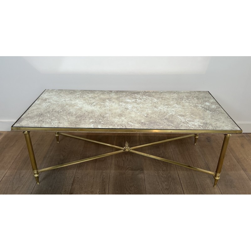Large Neoclassical Brass Coffee Table with Églomisé Mirror Top by Maison Jansen, French Work, circa 1940