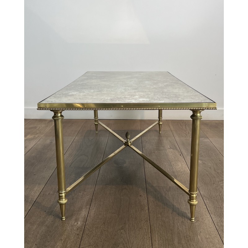 Importante Table Basse Néoclassique en Laiton et Miroir Églomisé, Maison Jansen, Travail Français, vers 1940