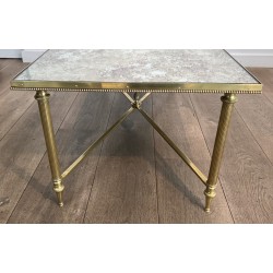 Importante Table Basse Néoclassique en Laiton et Miroir Églomisé, Maison Jansen, Travail Français, vers 1940