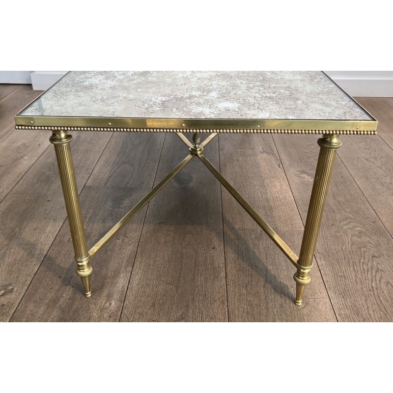 Importante Table Basse Néoclassique en Laiton et Miroir Églomisé, Maison Jansen, Travail Français, vers 1940