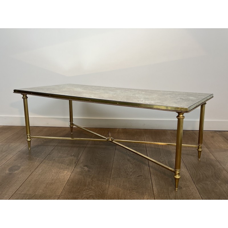 Importante Table Basse Néoclassique en Laiton et Miroir Églomisé, Maison Jansen, Travail Français, vers 1940