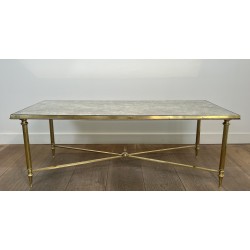 Importante Table Basse Néoclassique en Laiton et Miroir Églomisé, Maison Jansen, Travail Français, vers 1940