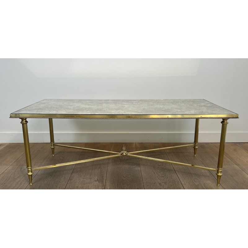 Importante Table Basse Néoclassique en Laiton et Miroir Églomisé, Maison Jansen, Travail Français, vers 1940