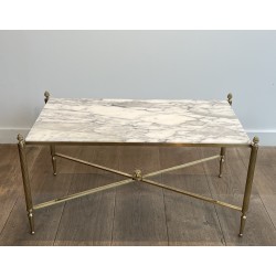Neoclassical Brass Coffee Table with Carrara Marble Top by Maison Jansen, French Work, circa 1940