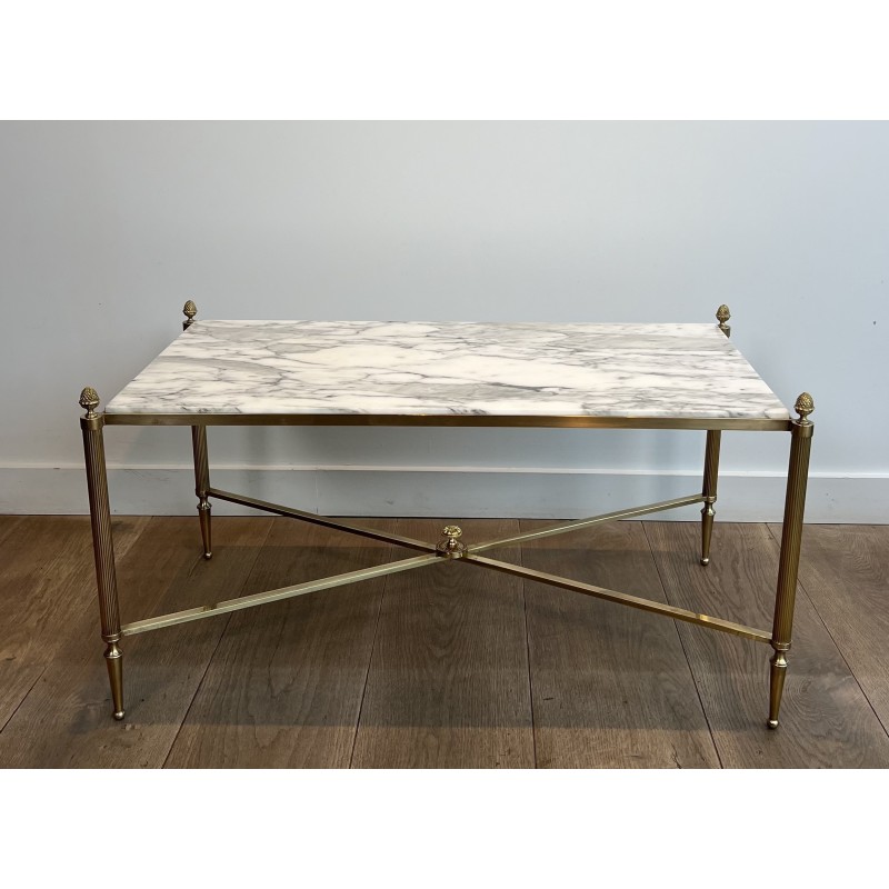 Table Basse Néoclassique en Laiton et Marbre de Carrare, Maison Jansen, Travail Français, vers 1940