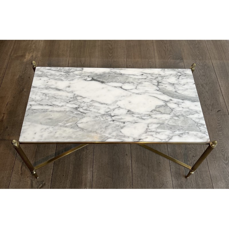 Neoclassical Brass Coffee Table with Carrara Marble Top by Maison Jansen, French Work, circa 1940
