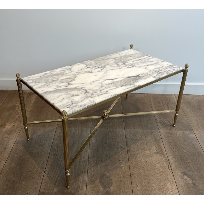 Neoclassical Brass Coffee Table with Carrara Marble Top by Maison Jansen, French Work, circa 1940