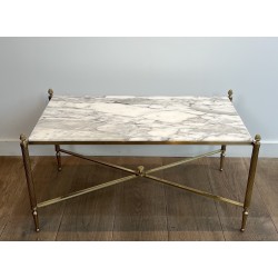 Table Basse Néoclassique en Laiton et Marbre de Carrare, Maison Jansen, Travail Français, vers 1940