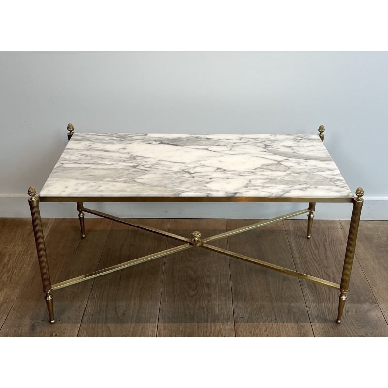 Table Basse Néoclassique en Laiton et Marbre de Carrare, Maison Jansen, Travail Français, vers 1940