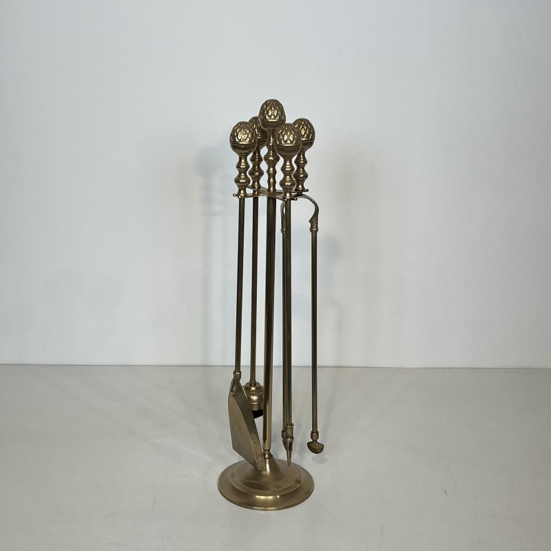 Neoclassical Brass Pine Cone Fireplace Tools in the Style of Maison Baguès, French Work, circa 1970