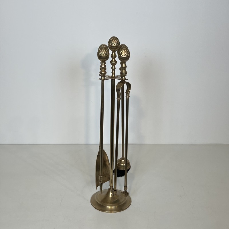 Neoclassical Brass Pine Cone Fireplace Tools in the Style of Maison Baguès, French Work, circa 1970