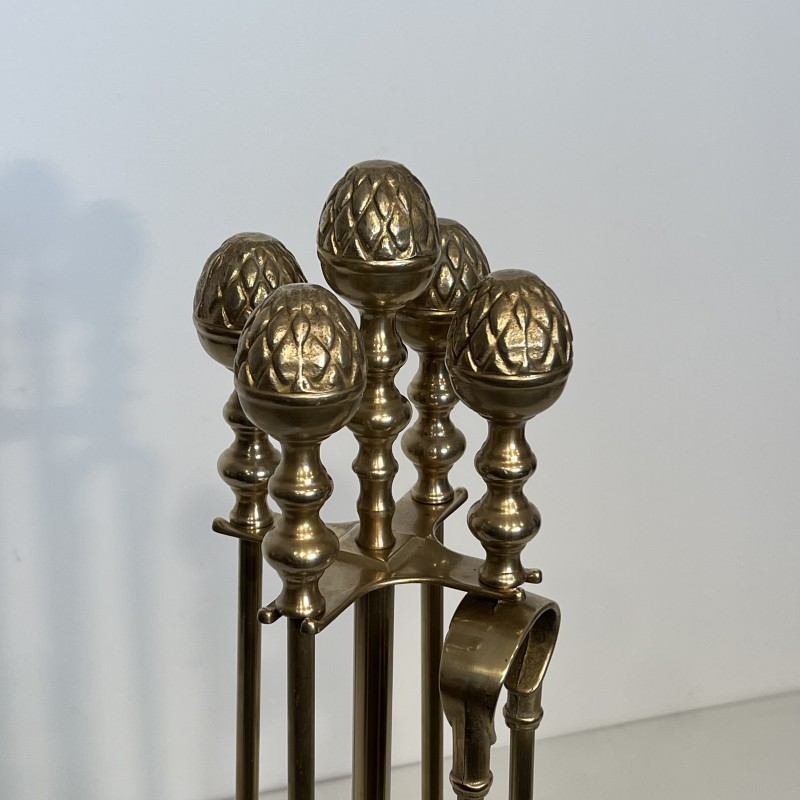 Neoclassical Brass Pine Cone Fireplace Tools in the Style of Maison Baguès, French Work, circa 1970