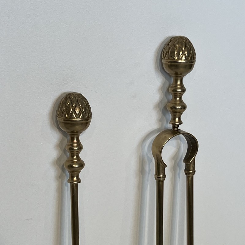 Neoclassical Brass Pine Cone Fireplace Tools in the Style of Maison Baguès, French Work, circa 1970
