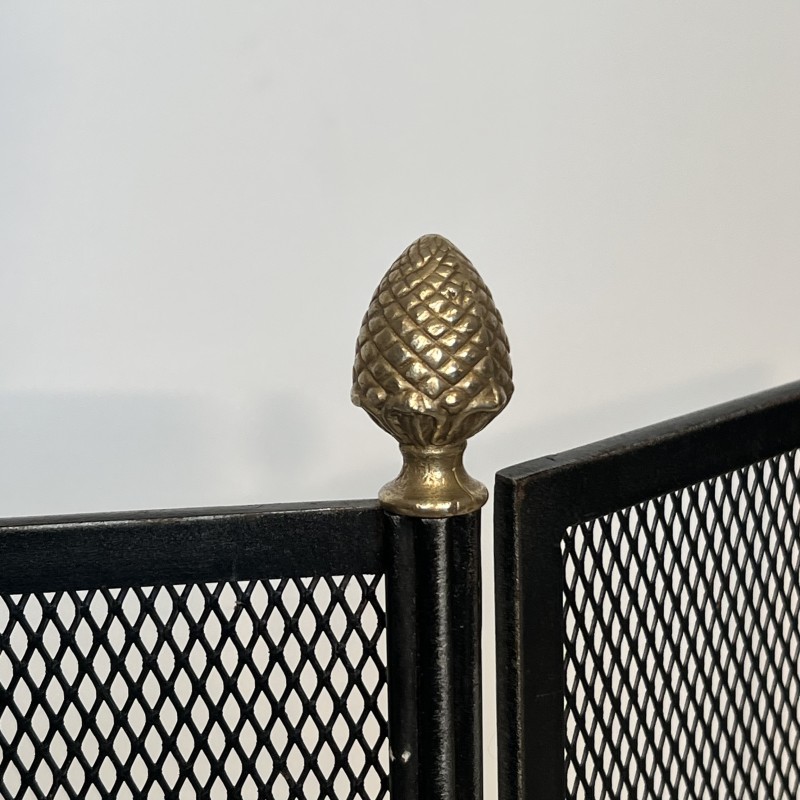Neoclassical Steel, Brass and Mesh Fireplace Screen with Bronze Pine Cones, French Work, circa 1940