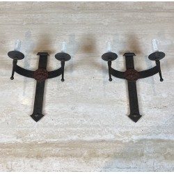 Pair of Gothic Style Wrought Iron Wall Lights with Coat of Arms and 2 Light Arms, French Work, circa 1940