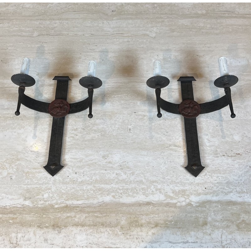 Pair of Gothic Style Wrought Iron Wall Lights with Coat of Arms and 2 Light Arms, French Work, circa 1940