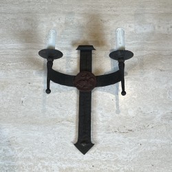 Pair of Gothic Style Wrought Iron Wall Lights with Coat of Arms and 2 Light Arms, French Work, circa 1940