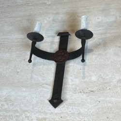 Pair of Gothic Style Wrought Iron Wall Lights with Coat of Arms and 2 Light Arms, French Work, circa 1940