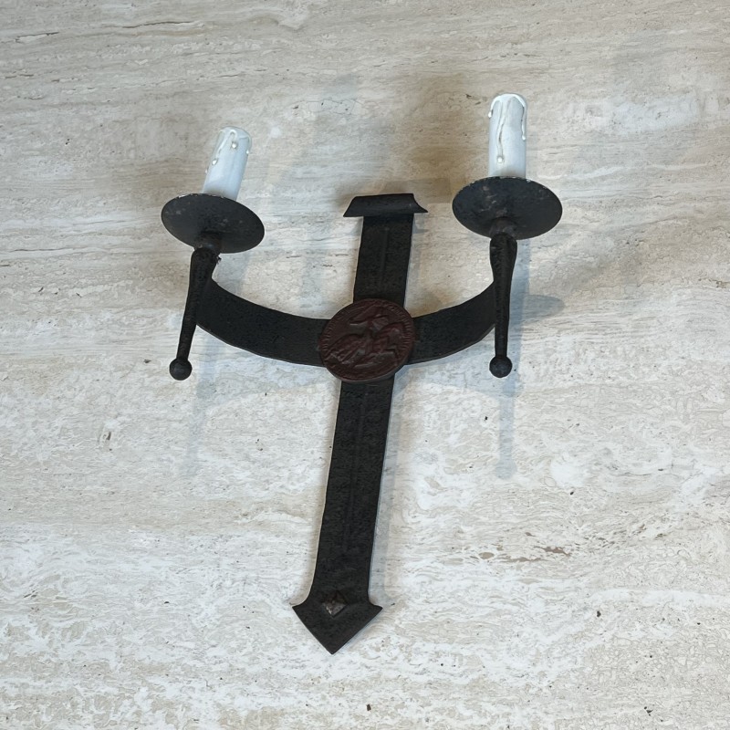 Pair of Gothic Style Wrought Iron Wall Lights with Coat of Arms and 2 Light Arms, French Work, circa 1940