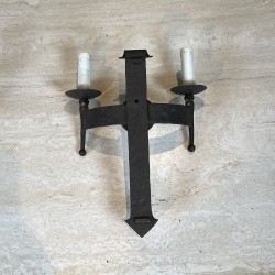 Pair of Gothic Style Wrought Iron Wall Lights with Coat of Arms and 2 Light Arms, French Work, circa 1940