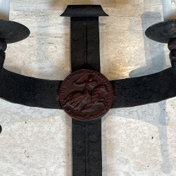 Pair of Gothic Style Wrought Iron Wall Lights with Coat of Arms and 2 Light Arms, French Work, circa 1940