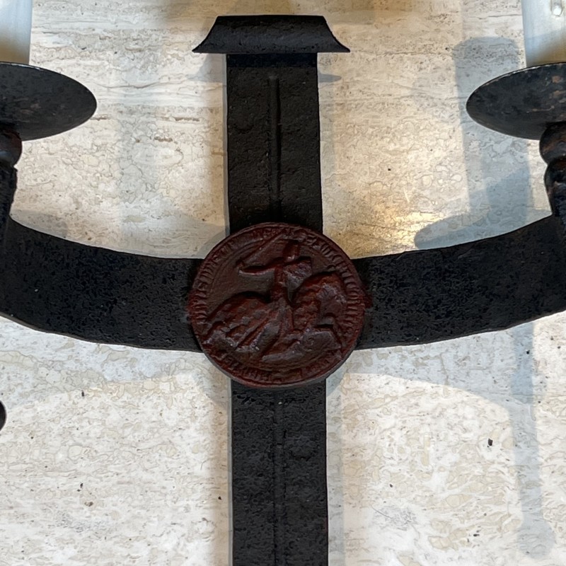 Pair of Gothic Style Wrought Iron Wall Lights with Coat of Arms and 2 Light Arms, French Work, circa 1940