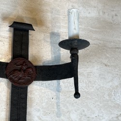 Pair of Gothic Style Wrought Iron Wall Lights with Coat of Arms and 2 Light Arms, French Work, circa 1940