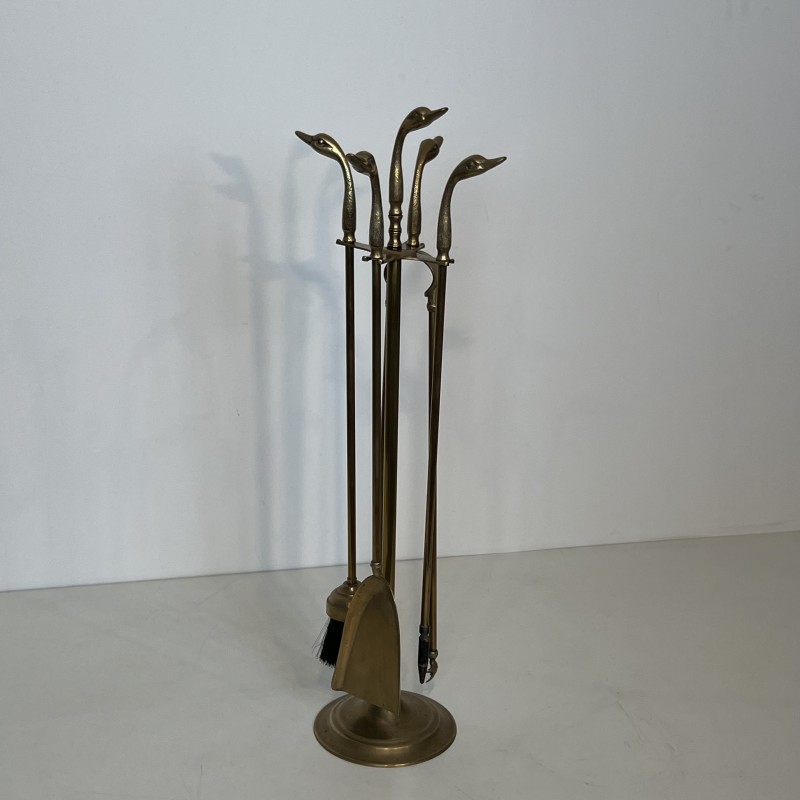 Brass Duck Head Fireplace Tools in the Style of Maison Jansen, French Work, circa 1970