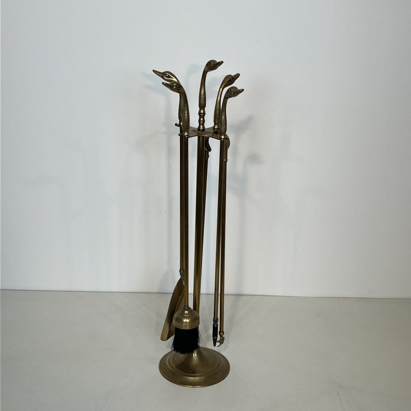 Brass Duck Head Fireplace Tools in the Style of Maison Jansen, French Work, circa 1970