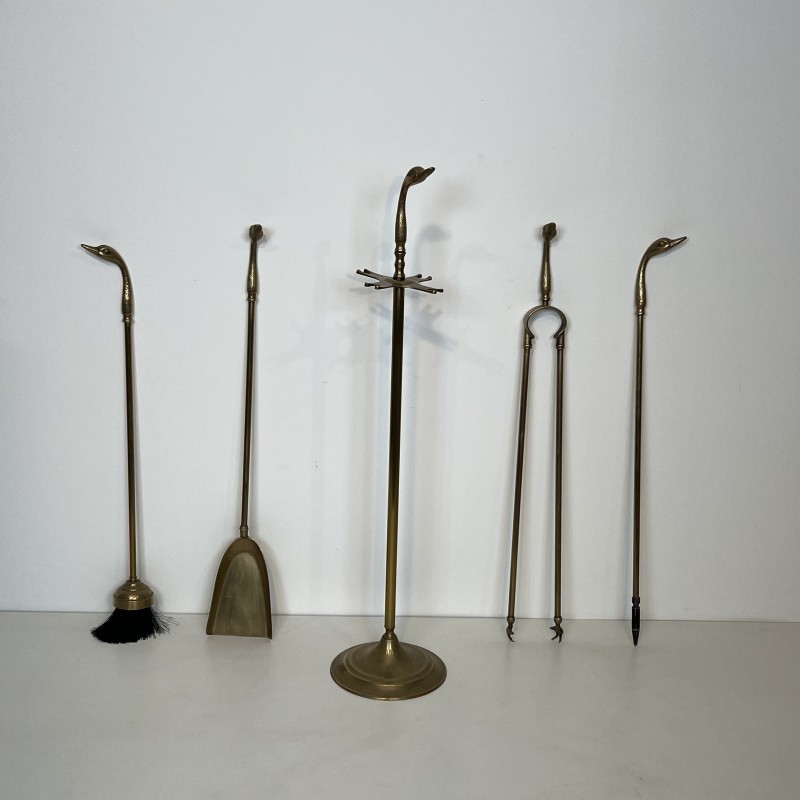 Brass Duck Head Fireplace Tools in the Style of Maison Jansen, French Work, circa 1970