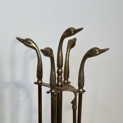 Nécessaire de Feu en Laiton à Têtes de Canards, dans le Goût de Maison Jansen, vers 1970