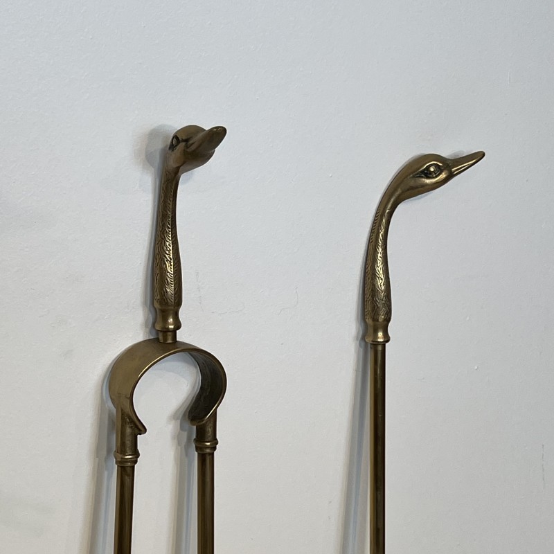 Brass Duck Head Fireplace Tools in the Style of Maison Jansen, French Work, circa 1970