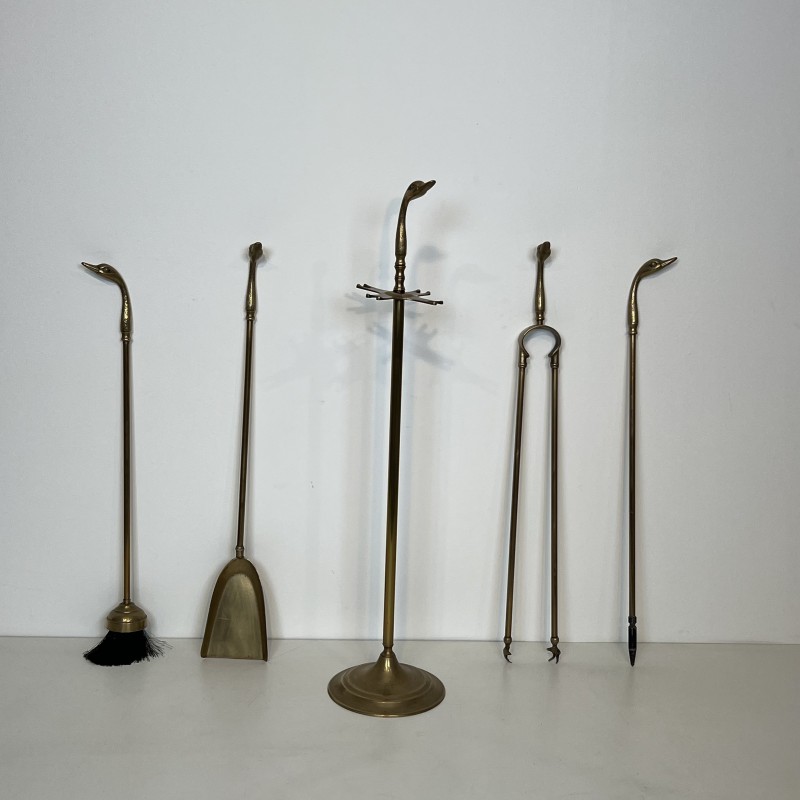 Brass Duck Head Fireplace Tools in the Style of Maison Jansen, French Work, circa 1970