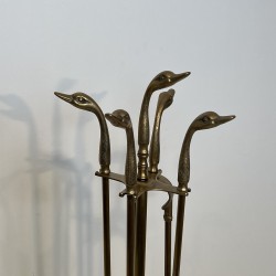 Brass Duck Head Fireplace Tools in the Style of Maison Jansen, French Work, circa 1970
