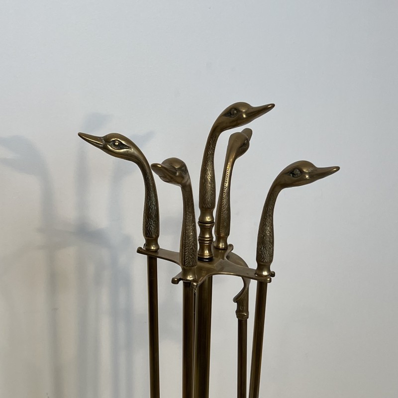 Nécessaire de Feu en Laiton à Têtes de Canards, dans le Goût de Maison Jansen, vers 1970