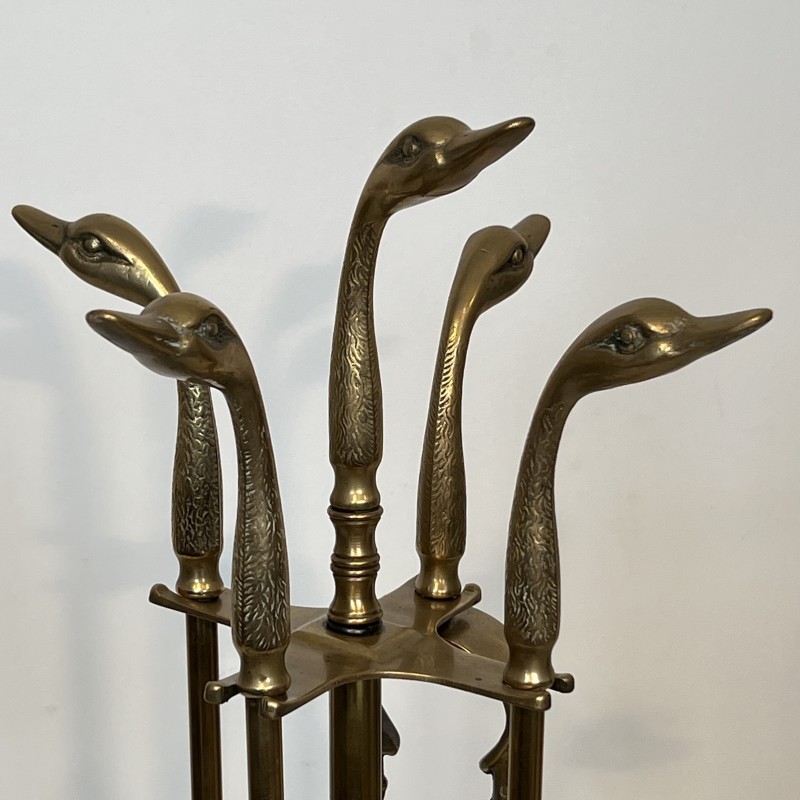 Nécessaire de Feu en Laiton à Têtes de Canards, dans le Goût de Maison Jansen, vers 1970