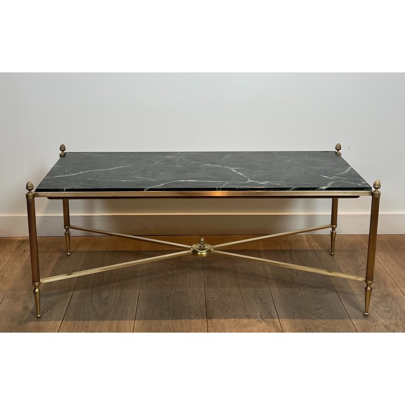 Table Basse Néoclassique en Laiton et Marbre Vert, Maison Jansen, Travail Français, vers 1940